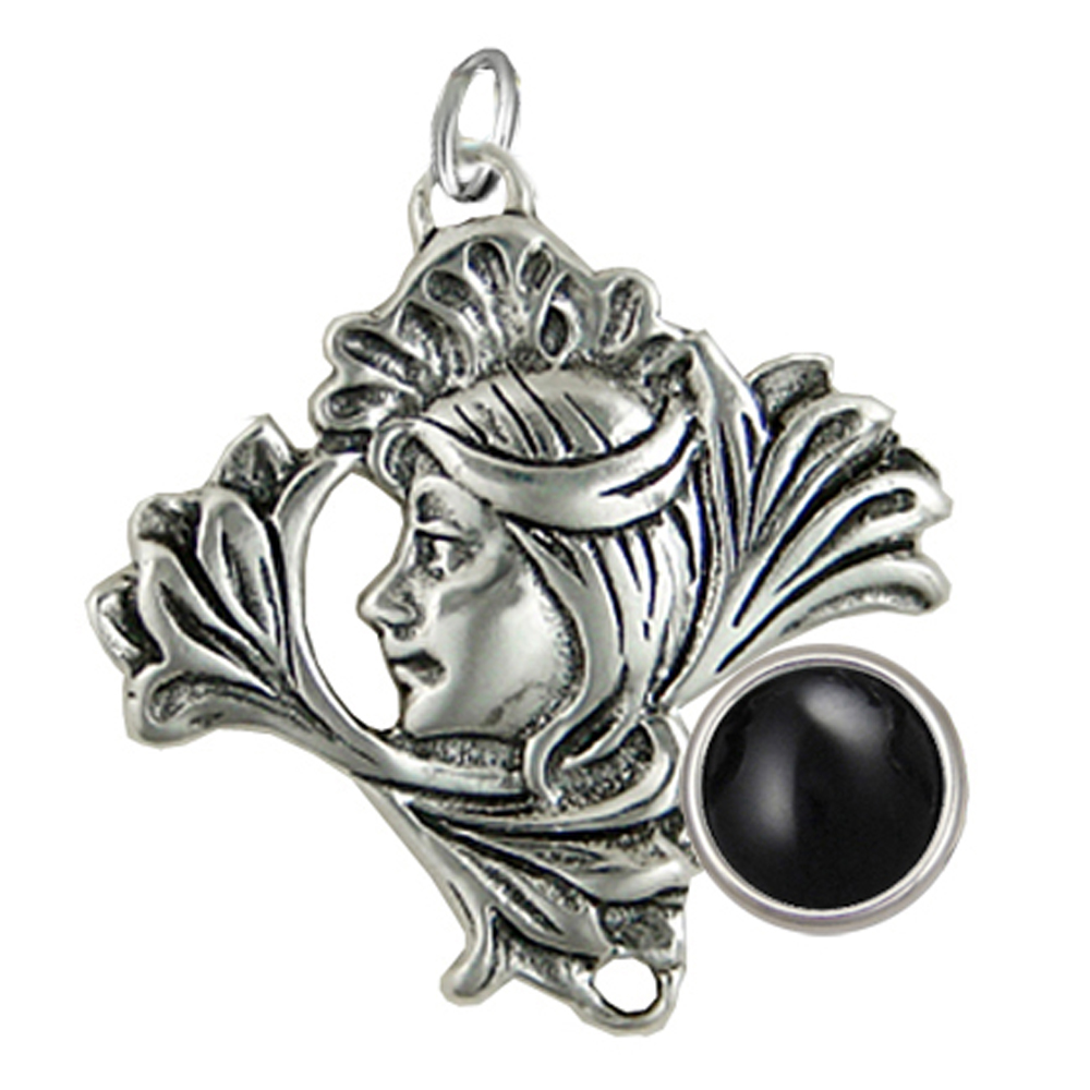 Sterling Silver Woman Maiden of the Lotus Flower Pendant Necklace With Black Onyx